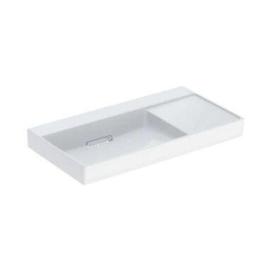 GEBERIT One pakabinamas asimetrinis keraminis praustuvas 90 x 48 cm, lentyna dešinėje GEBERIT One pakabinamas asimetrinis keraminis praustuvas 90 x 48 cm, lentyna dešinėje