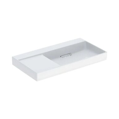 GEBERIT One pakabinamas asimetrinis keraminis praustuvas 90 x 48 cm, lentyna kairėje GEBERIT One pakabinamas asimetrinis keraminis praustuvas 90 x 48 cm, lentyna kairėje