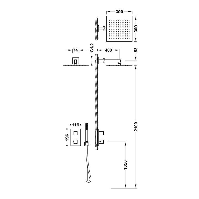 TRES Therm-Box potinkinės dušo sistemos komplektas, termostatinis, nerūdijantis plienas 2